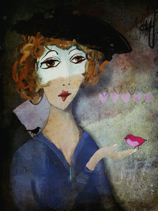 Digital Arts titled "La dame aux oiseaux…" by Chantal Proulx, Original Art, Digital Painting