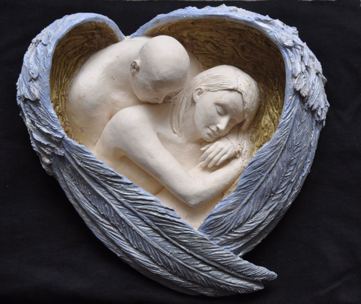 Sculpture intitulée "Le baiser de l'ange" par Chantal Tomas, Œuvre d'art originale, Terre cuite