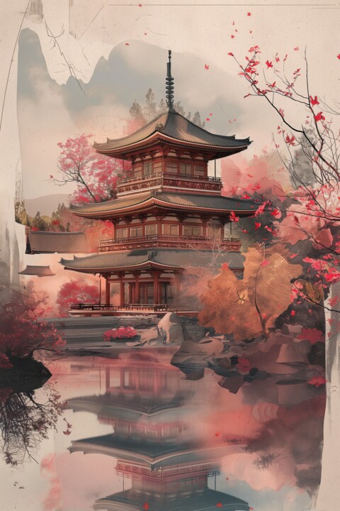 Arte digital titulada "Japandi Temple digi…" por Chantasia Art, Obra de arte original, Imagen generada por IA