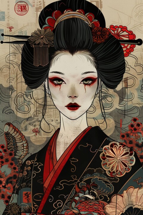 Digitale Kunst getiteld "JapandGeisha digita…" door Chantasia Art, Origineel Kunstwerk, AI gegenereerde afbeelding