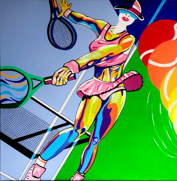 Schilderij getiteld "La couleur en Tennis" door Chanterax, Origineel Kunstwerk, Acryl Gemonteerd op Frame voor houten branca…