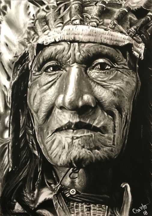 Рисунок под названием "native american" - Gabriel Chanto, Подлинное произведение искусства, Древесный уголь