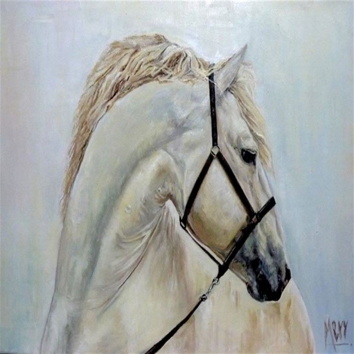 Painting titled "Le cheval" by Mery, Original Artwork, Oil Mounted on Wood Stretcher frame