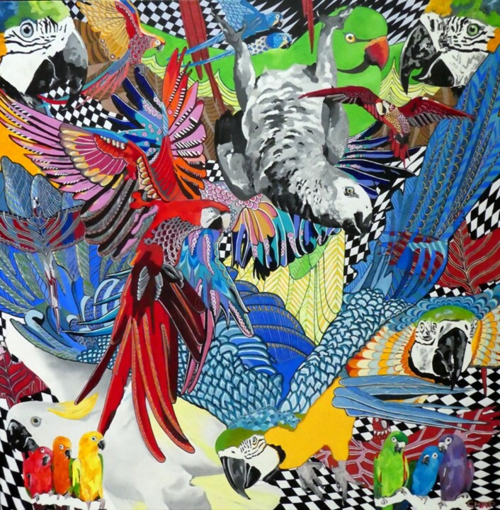 Peinture intitulée "HAPPY PARROTS" par Chap, Œuvre d'art originale, Acrylique Monté sur Châssis en bois