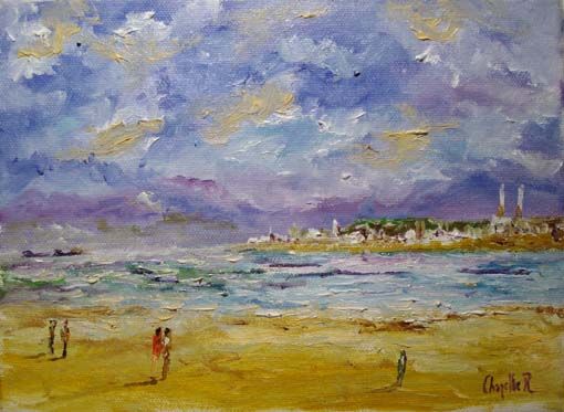 Peinture intitulée "plage de Honfleur" par Rémi Chapelle, Œuvre d'art originale