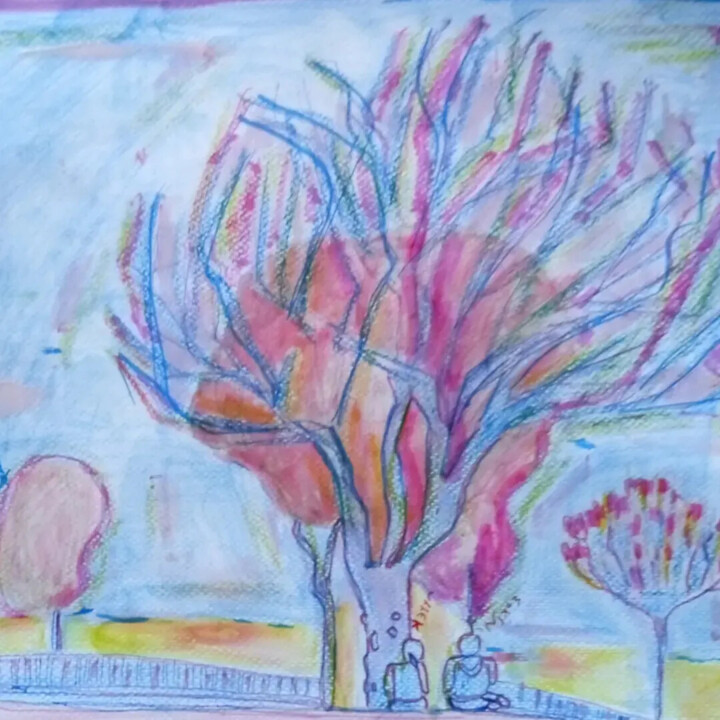 Malerei mit dem Titel "Απόγευμα στο δεντρο" von Chara Orphanakou, Original-Kunstwerk, Aquarell