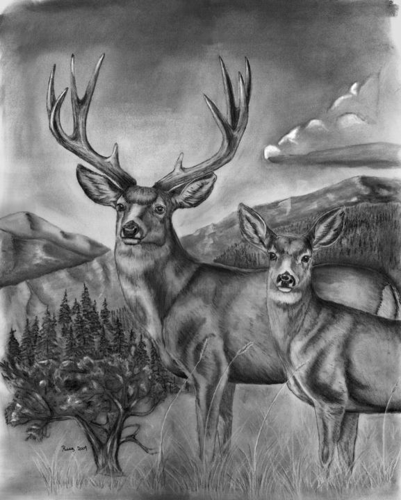 Drawing titled "Mule Deer Heaven" by Russ Smith, Original Artwork, Other