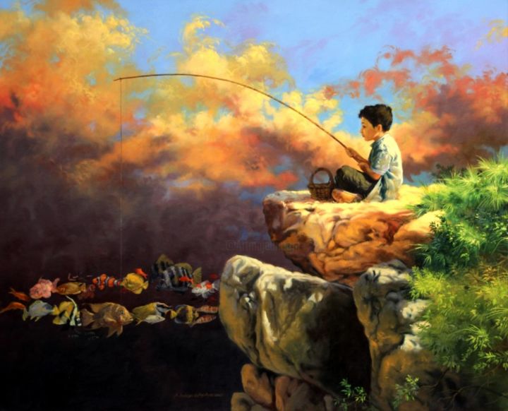 Peinture intitulée "Partie de pêche" par Abdelaziz Charkaoui, Œuvre d'art originale