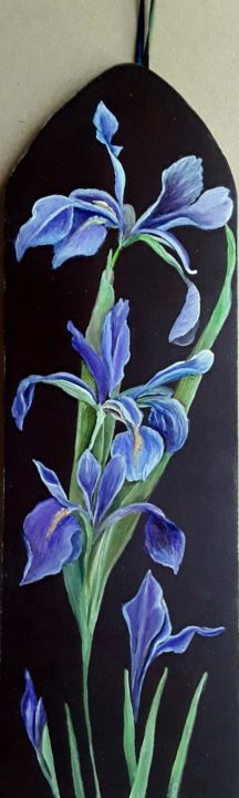 Schilderij getiteld "Small Siberian Iris" door Charlene Wooden, Origineel Kunstwerk, Olie Gemonteerd op Houten paneel