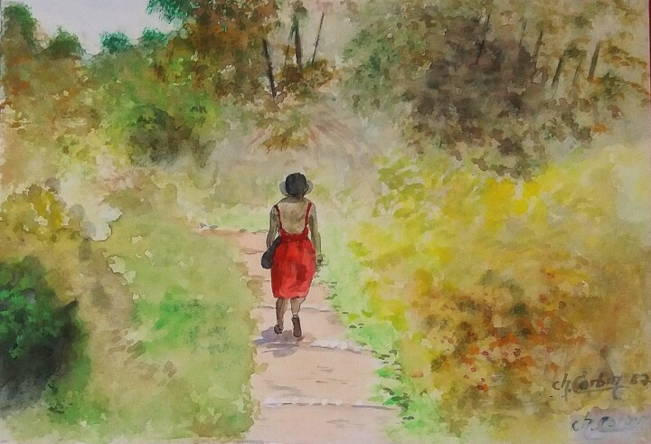 Painting titled "Jeune femme marchan…" by Charles Corbin, Original Artwork, Watercolor