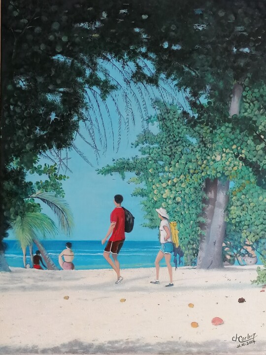 Painting titled "La plage du souffle…" by Charles Corbin, Original Artwork, Oil Mounted on Wood Stretcher frame