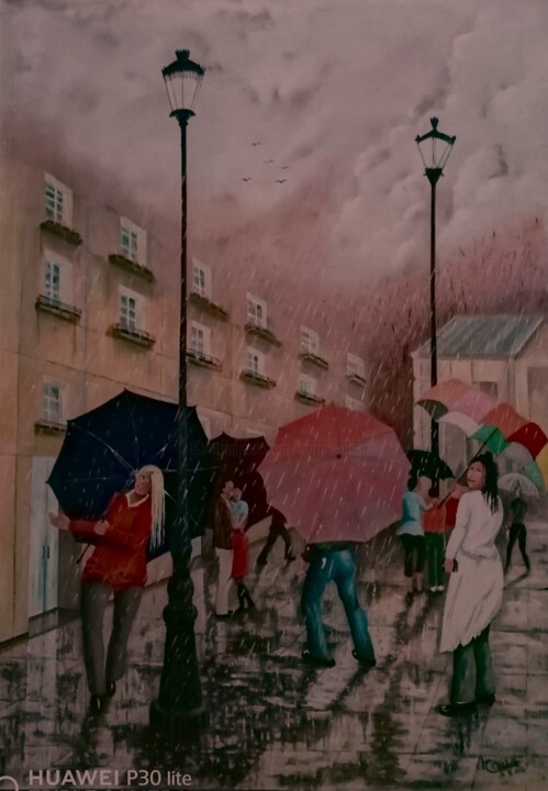 Peinture intitulée "Il pleut sur la vil…" par Charles Corbin, Œuvre d'art originale, Huile