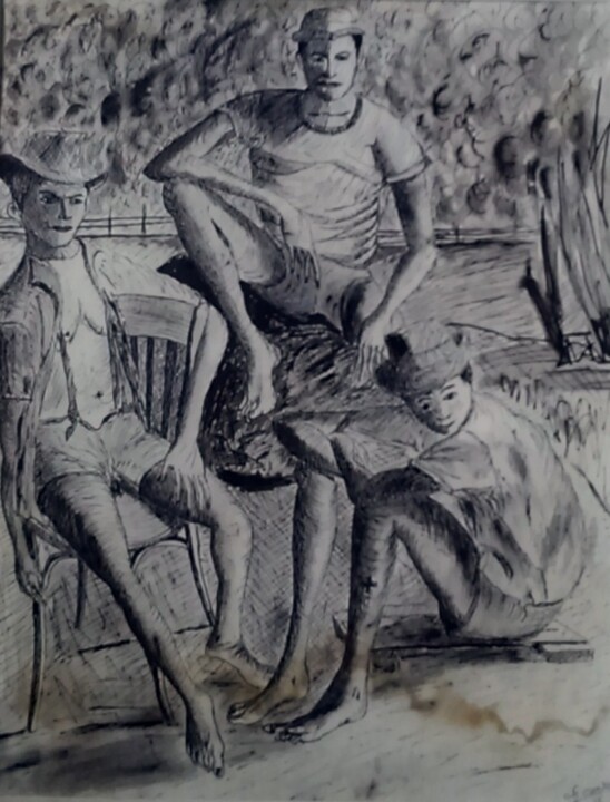 Drawing titled "Amis d'enfance" by Charles Corbin, Original Artwork, Ink