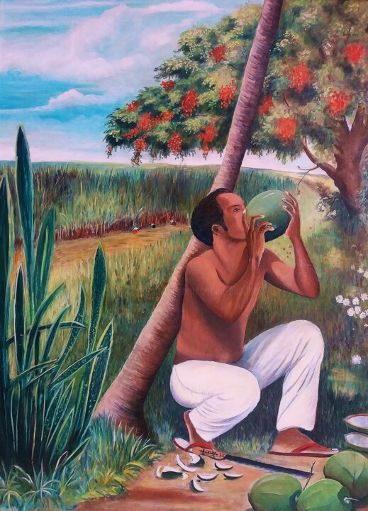 Peinture intitulée "Le buveur de coco" par Charles Corbin, Œuvre d'art originale
