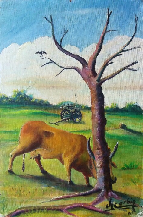 Peinture intitulée "La vache et l'arbre…" par Charles Corbin, Œuvre d'art originale, Huile