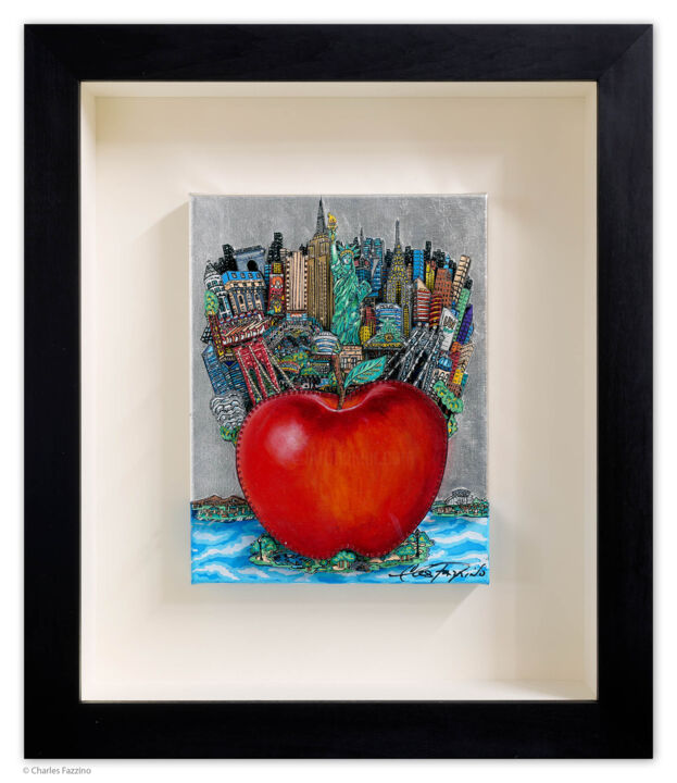 Printmaking titled "Red Apple on the Wa…" by Charles Fazzino, Original Artwork, Screenprinting Mounted on Wood Stretcher fra…