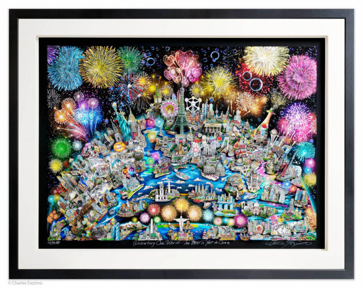Printmaking titled "Celebrating Our Wor…" by Charles Fazzino, Original Artwork, Paper Mounted on Wood Stretcher frame