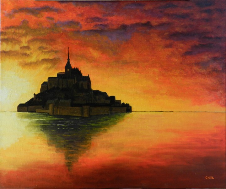 Painting titled "Crépuscule orageux…" by Charles Lienemann, Original Artwork, Oil Mounted on Wood Stretcher frame