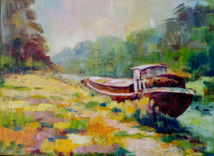 Painting titled "Péniche abandonnée" by Charles Tapiero, Original Artwork, Oil