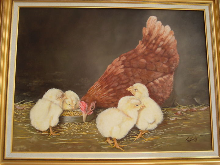 Peinture intitulée "les poussins" par Charles Trentarossi, Œuvre d'art originale, Huile