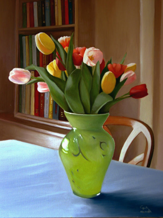 Painting titled "Tulipes dans un vas…" by Charles Unger, Original Artwork, Oil Mounted on Wood Stretcher frame