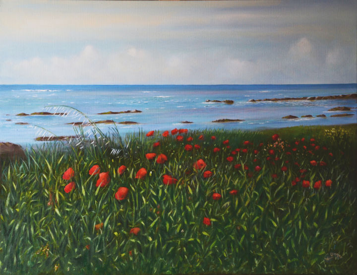 Schilderij getiteld "Coquelicots en Bret…" door Charles Unger, Origineel Kunstwerk, Olie Gemonteerd op Frame voor houten bra…