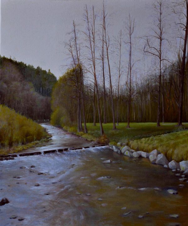 Painting titled "La rivière (cliquer…" by Charles Unger, Original Artwork, Oil Mounted on Wood Stretcher frame