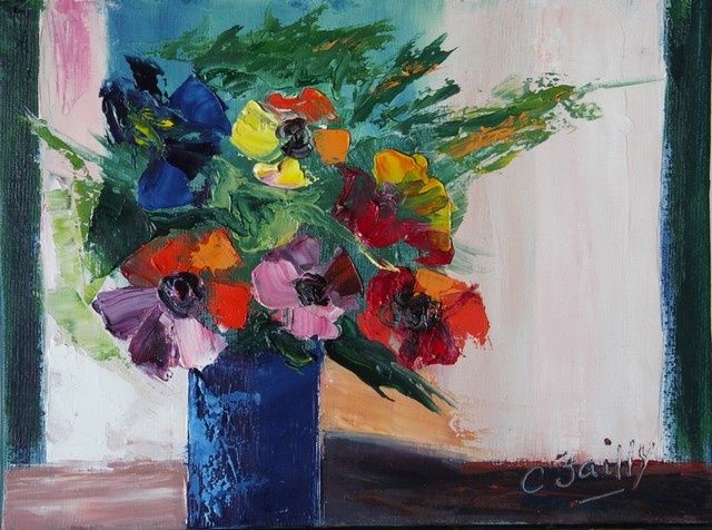 Painting titled "BOUQUET ANEMONES" by Charles Bailly, Original Artwork, Oil
