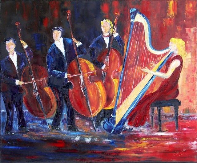 Painting titled "QUATUOR avec Harpe" by Charles Bailly, Original Artwork, Oil