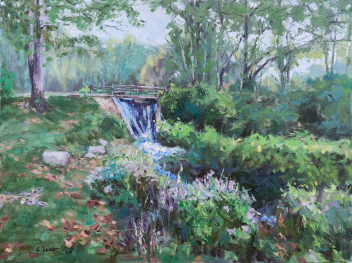 Painting titled "Little Waterfall" by Charles Jiao, Original Artwork, Oil