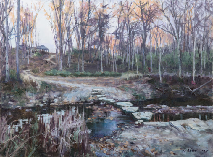 Painting titled "Little Creek at Dusk" by Charles Jiao, Original Artwork, Oil