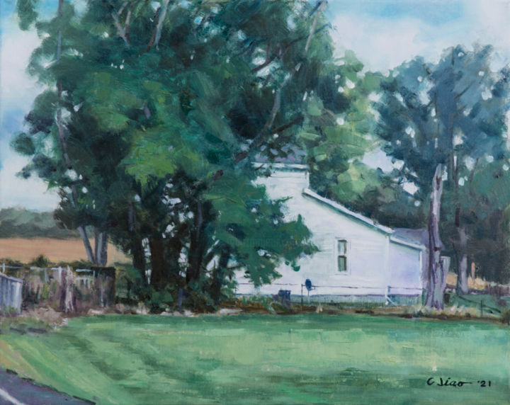 Painting titled "Little Farmhouse" by Charles Jiao, Original Artwork, Oil