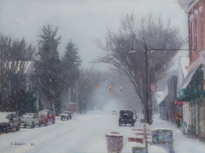 Painting titled "Snowy Street" by Charles Jiao, Original Artwork, Oil