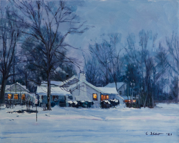 Painting titled "Snowy Evening" by Charles Jiao, Original Artwork, Oil