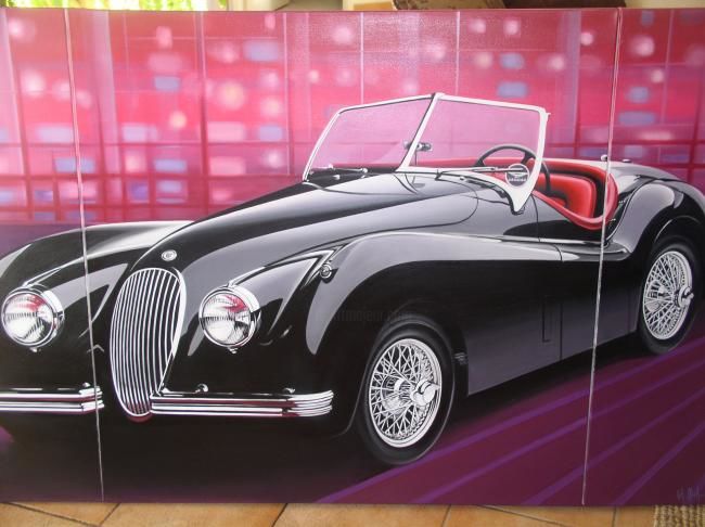 Painting titled "Jaguar XK 120M Road…" by Charles Michael, Original Artwork, Oil