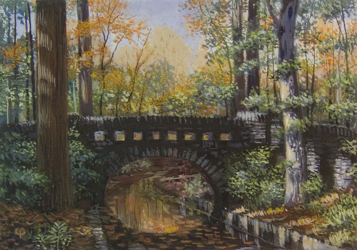 Peinture intitulée "Stone Bridge" par Charley Parker, Œuvre d'art originale, Gouache