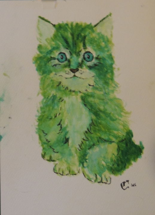 Painting titled "Chaton vert 2" by Charlie D, Original Artwork, Watercolor