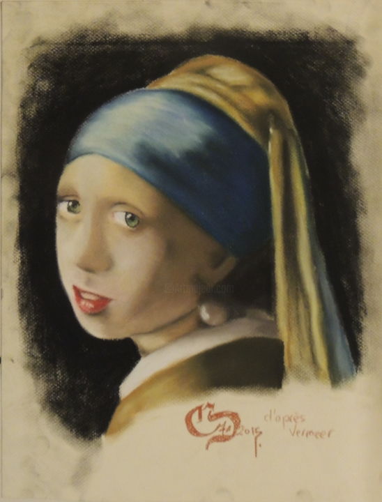 Drawing titled "Jeune fille à la pe…" by Charlie D, Original Artwork, Pastel