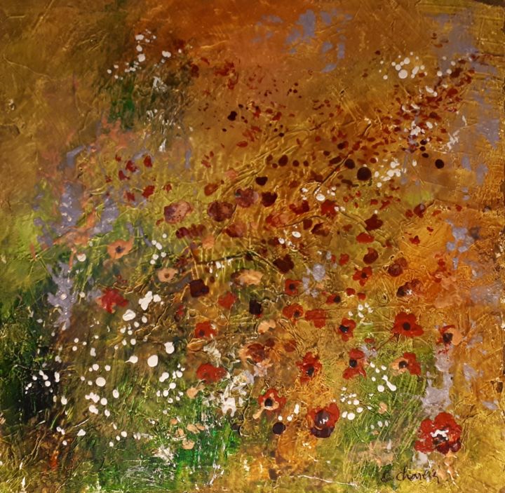 Schilderij getiteld "Fleurs des champs/2" door Christian Charlier, Origineel Kunstwerk, Gebrandschilderd glas