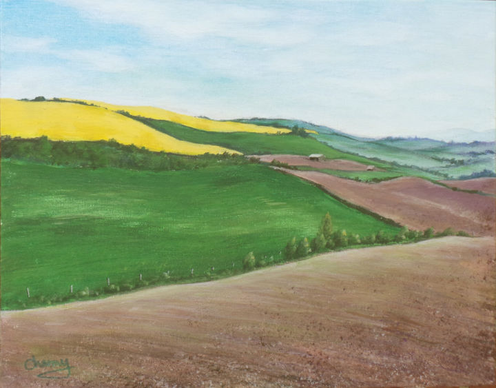 Painting titled "Spring Field" by Charlie Zhao, Original Artwork, Acrylic