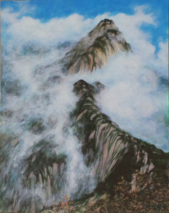 Peinture intitulée "Mountains in the Cl…" par Charlie Zhao, Œuvre d'art originale, Acrylique