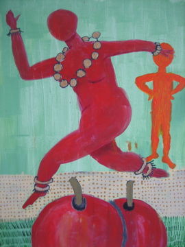 Pintura titulada "Röd lady med äpplen" por Charlotta Malm, Obra de arte original
