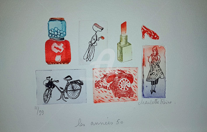 Gravures & estampes intitulée "Années 50" par Charlotte Reine, Œuvre d'art originale, Eau-forte