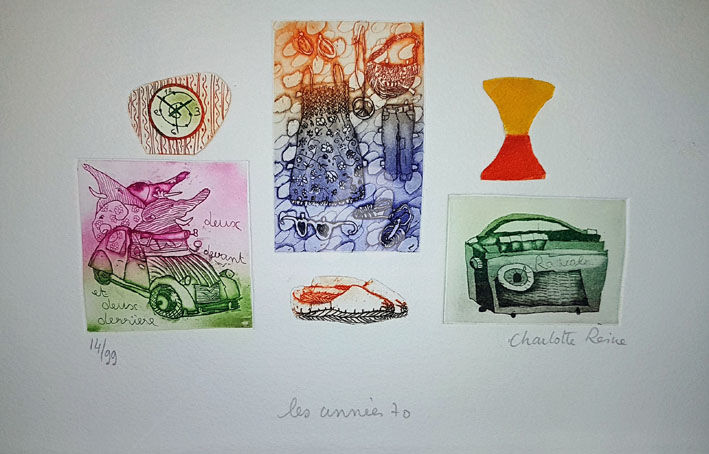 Prenten & gravures getiteld "Années 70" door Charlotte Reine, Origineel Kunstwerk, Ets
