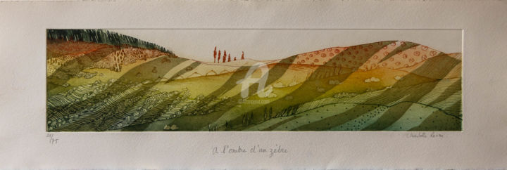 Gravures & estampes intitulée "A l'Ombre d'un Zèbre" par Charlotte Reine, Œuvre d'art originale, Gravure
