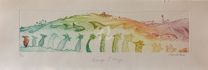 Gravures & estampes intitulée "Changer d'Horizon" par Charlotte Reine, Œuvre d'art originale, Gravure