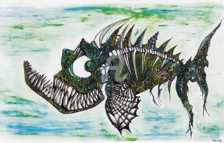 Desenho intitulada "Le Piranha" por Charly Araña, Obras de arte originais, Acrílico