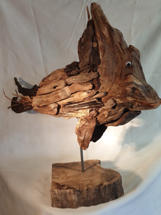 Sculpture titled "Mérou" by Charly Carpentier, Original Artwork, Wood