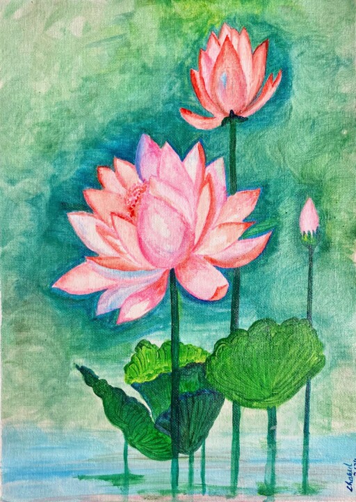 Painting titled "Pink Lotus Trilogy" by Charul Gandotra, Original Artwork, Acrylic