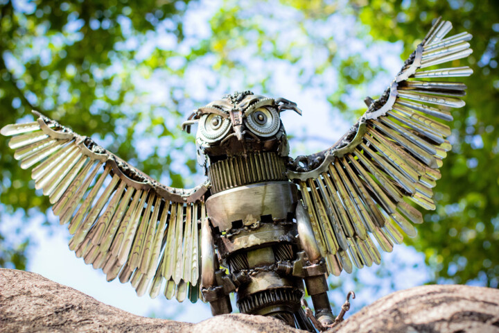 Sculpture titled "Owl metal art sculp…" by Chatree Choorachatatorn (Mari9art), Original Artwork, Metals